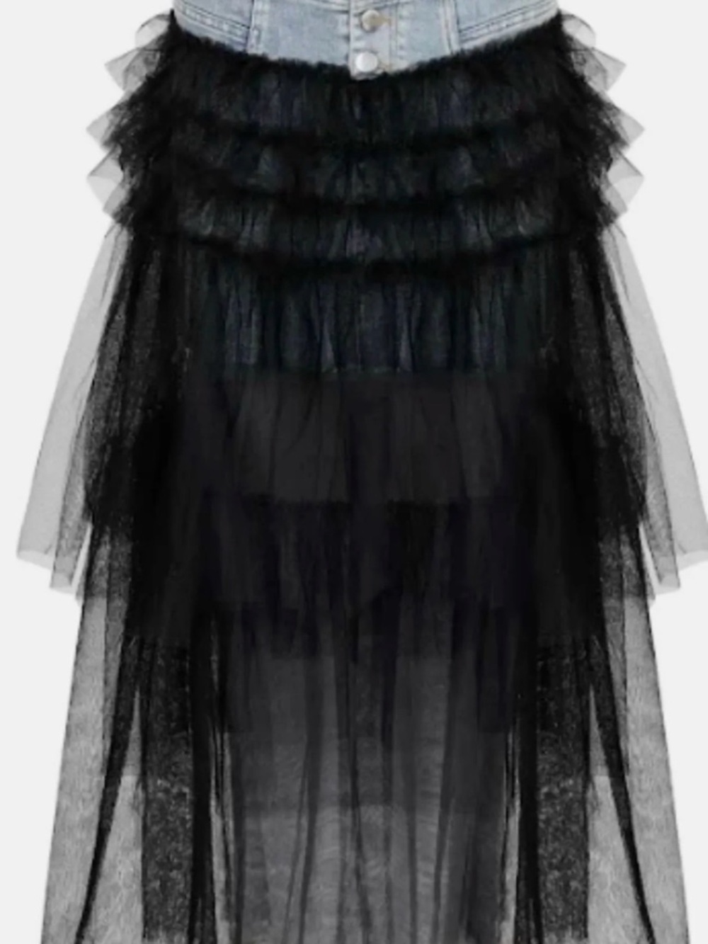 Denim-Waist Black High-Low Tulle Maxi Skirt